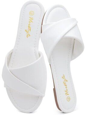 Women's White Flats Slip On Open Toe Casual Slide Cushioned Footbed Summer Shoes